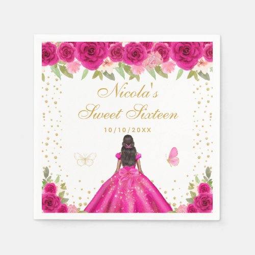 Hot Pink Floral Dark Skin Princess Sweet Sixteen Napkins