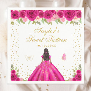 Hot Pink Floral Dark Skin Princess Sweet Sixteen Napkins