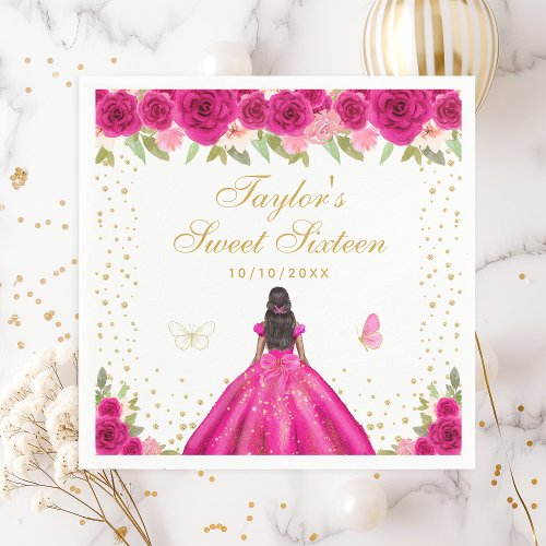 Hot Pink Floral Dark Skin Princess Sweet Sixteen Napkins