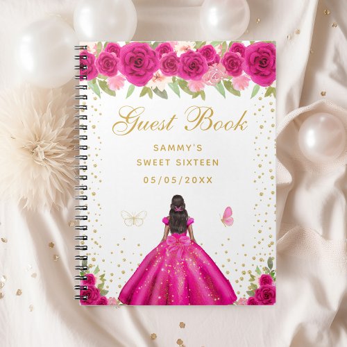 Hot Pink Floral Dark Skin Princess Sweet Sixteen Notebook