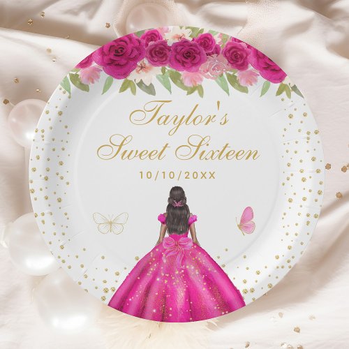 Hot Pink Floral Dark Skin Princess Sweet Sixteen Paper Plates