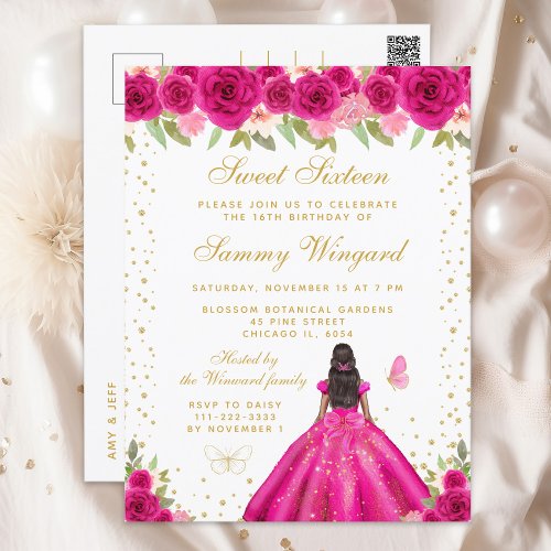 Hot Pink Floral Dark Skin Princess Sweet Sixteen Postcard