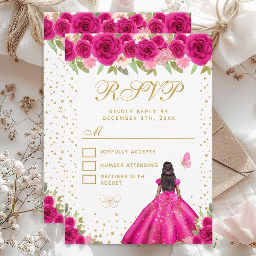 Hot Pink Floral Dark Skin Princess Sweet Sixteen RSVP Card