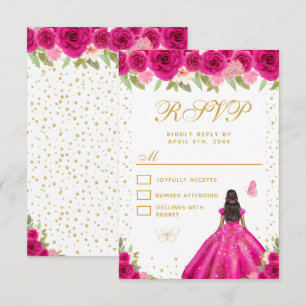 Hot Pink Floral Dark Skin Princess Sweet Sixteen RSVP Card