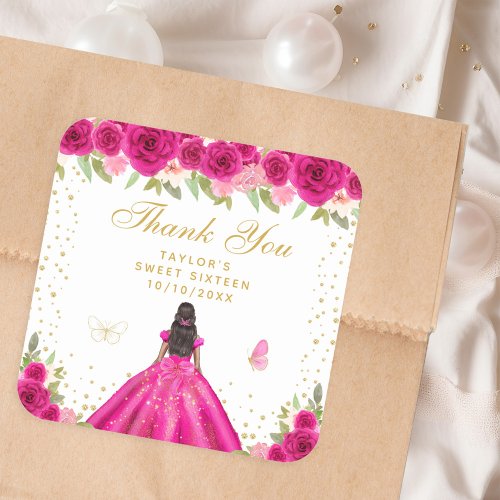 Hot Pink Floral Dark Skin Princess Sweet Sixteen Square Sticker