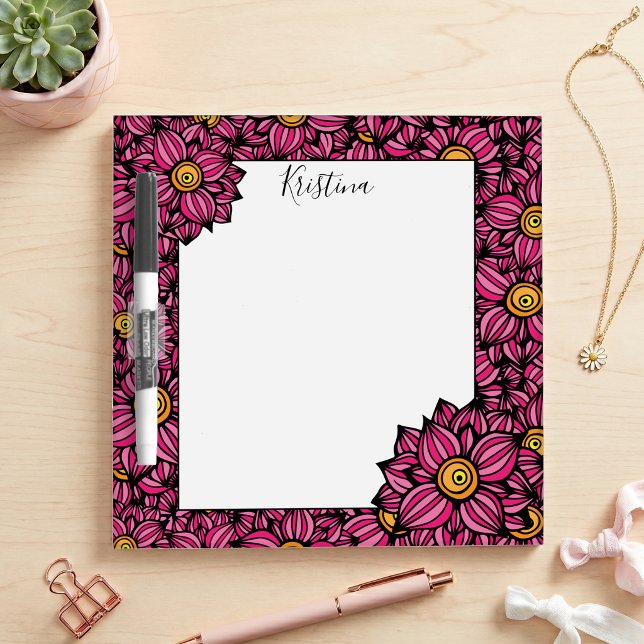 Hot Pink Floral Doodle Pattern Custom Name  Dry Erase Board (Creator Uploaded)