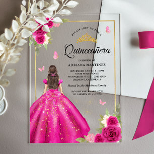 Hot Pink Floral Dress Butterfly Gold Quinceanera Acrylic Invitations