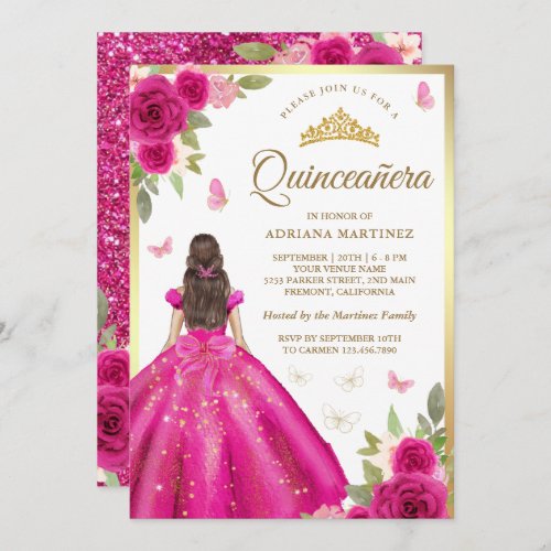 Hot Pink Floral Dress Butterfly Gold Quinceanera Invitation