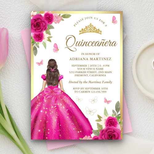 Hot Pink Floral Dress Butterfly Gold Quinceanera Invitation