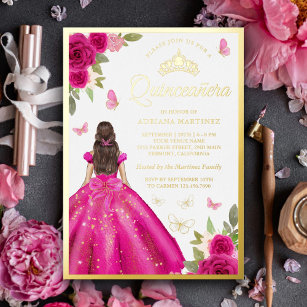 Hot Pink Floral Dress Butterfly Quinceanera Gold Foil Invitation