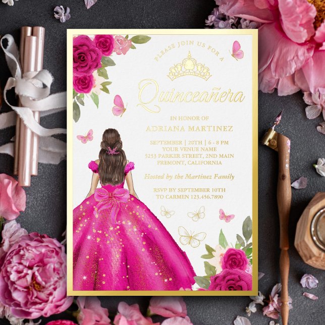 Hot Pink Floral Dress Butterfly Quinceanera Gold Foil Invitation (Creator Uploaded)