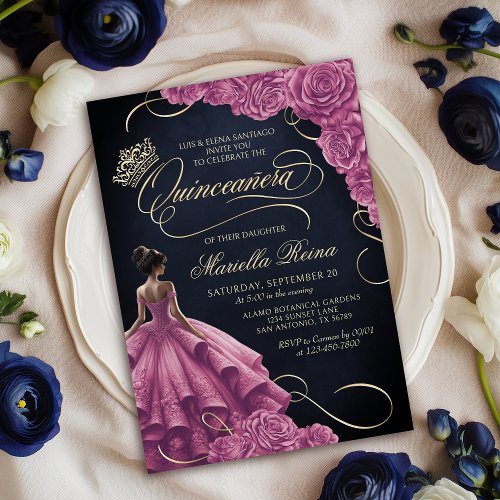 Hot Pink Floral Dress Quinceaera Invitation