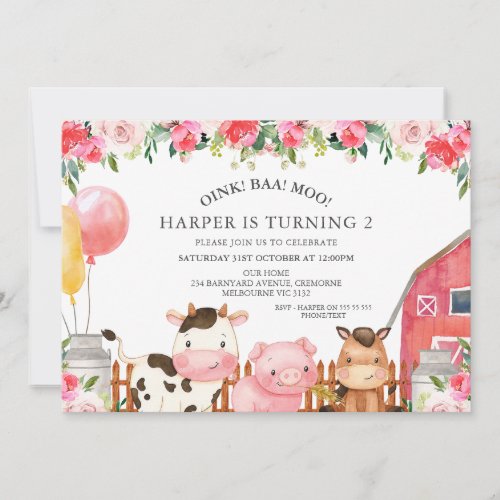 Hot Pink Floral Farm Animals Balloons Birthday Invitation