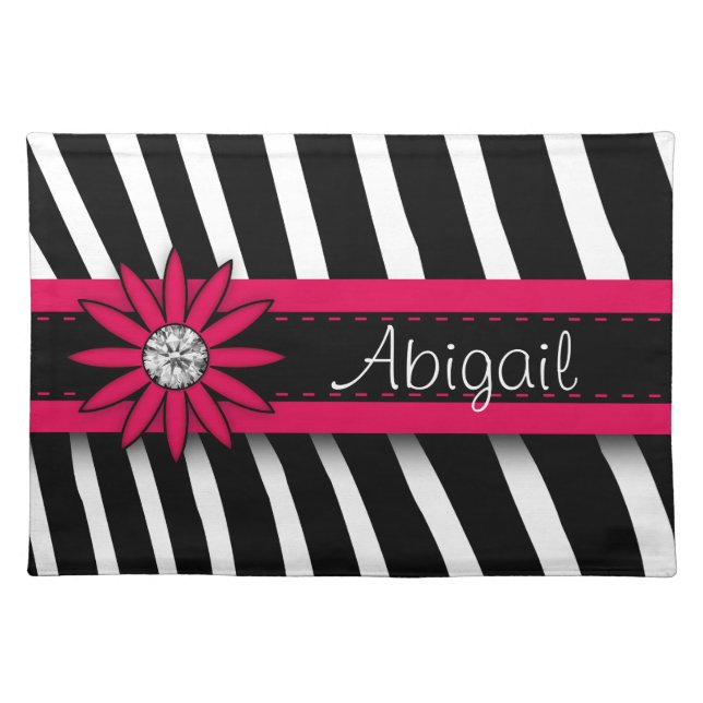 Hot Pink Floral Gem & Zebra Pattern Cloth Placemat (Front)