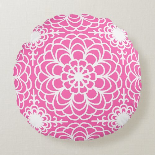 Hot Pink Floral Geometric Boho Abstract Girl Throw Round Pillow