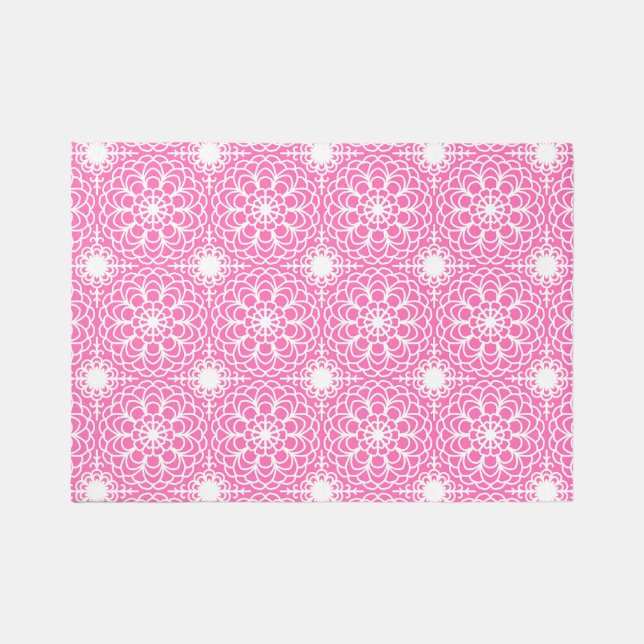 Hot Pink Floral Geometric Boho Abstract Girls Area Rug (Front)
