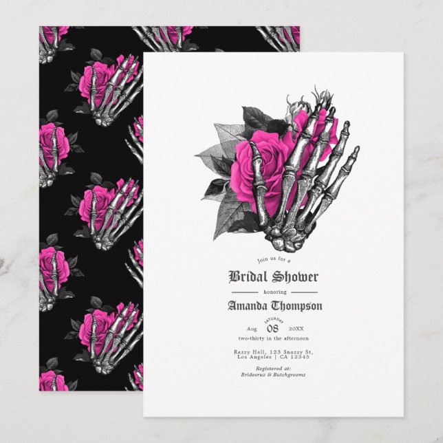 Hot-Pink Floral Gothic Bridal Shower Invitation (Front/Back)