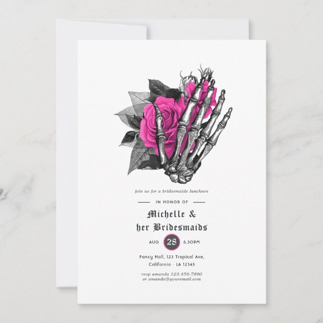 Hot-Pink Floral Gothic bridesmaids Luncheon Invitation (Front)