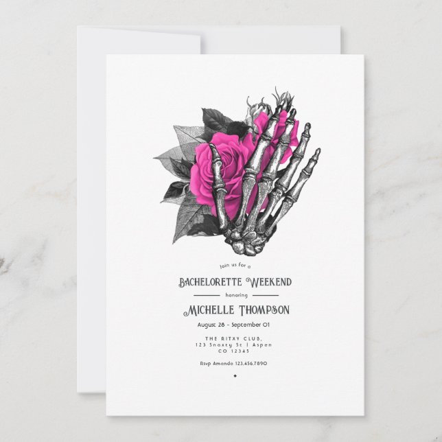 Hot-Pink Floral Gothic Skull Bachelorette Weekend Invitation (Front)