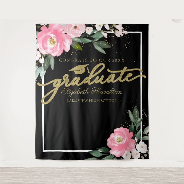 Hot Pink Floral Graduation Party Photo Backdrop (Front)