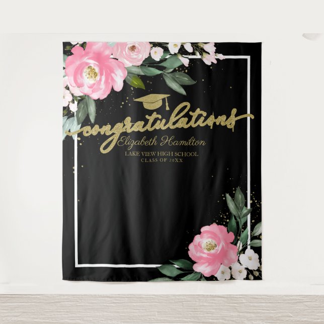 Hot Pink Floral Graduation Party Photo Backdrop (Front)