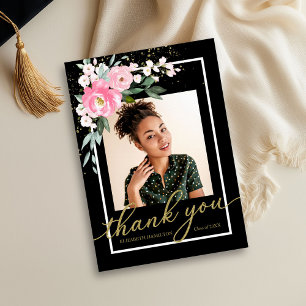 Hot Pink Floral Graduation Photo Thank You  Card