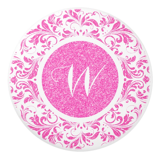 Hot Pink Floral Lace Glitter Texture Ceramic Knob (Front)