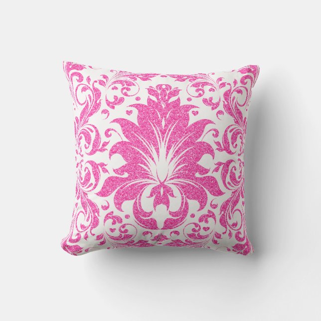 Hot Pink Floral Lace Glitter Texture Throw Pillow (Front)
