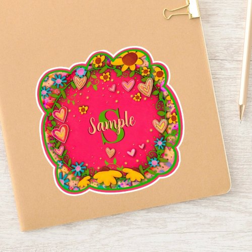 Hot Pink Floral Name Initial Inspirivity Sticker