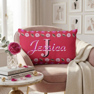 Hot Pink Floral Pattern Personalized Monogram Lumbar Pillow