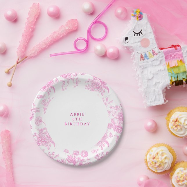 Hot Pink Floral Personalized Young Girl Birthday Paper Plates (Party)