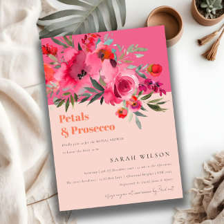 Hot Pink Floral Petals & Prosecco Bridal Shower Invitation