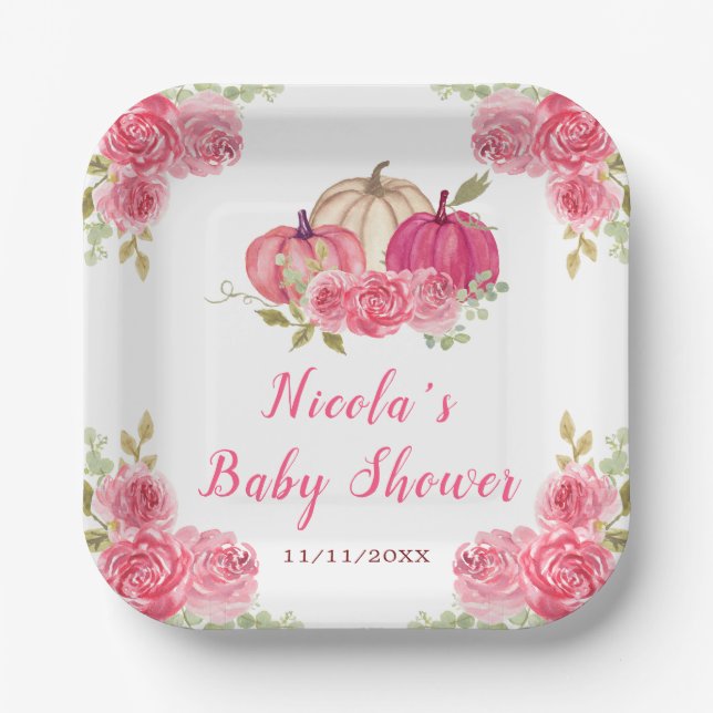 Hot Pink Floral Pumpkins Baby Shower Paper Plates (Front)