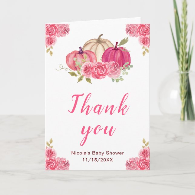 Hot Pink Floral Pumpkins Baby Shower Thank You Card (Front)