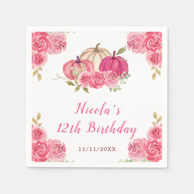 Hot Pink Floral Pumpkins Birthday Napkins (Front)