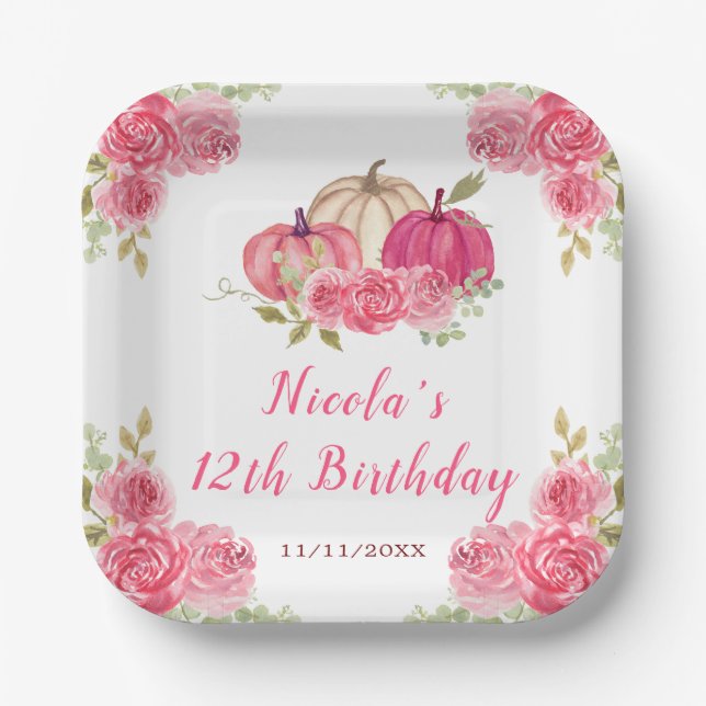 Hot Pink Floral Pumpkins Birthday Paper Plates (Front)