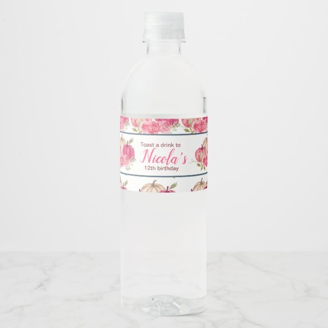 Hot Pink Floral Pumpkins Birthday Water Bottle Label (Front)