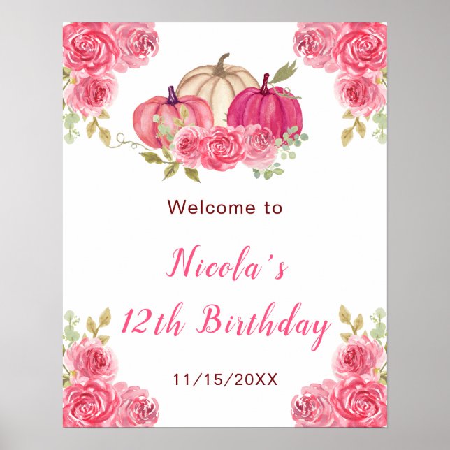 Hot Pink Floral Pumpkins Birthday Welcome Poster (Front)