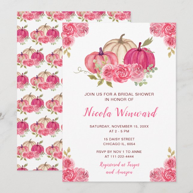 Hot Pink Floral Pumpkins Bridal Shower Invitation (Front/Back)
