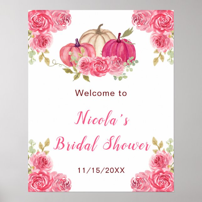 Hot PInk Floral Pumpkins Bridal Shower Poster (Front)