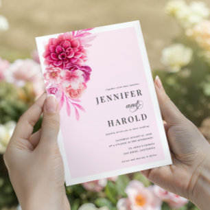 Hot Pink Floral QR Code Wedding All-in-One Invitation