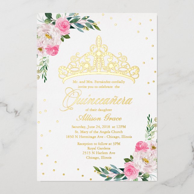 Hot Pink Floral Quinceanera  Foil Invitation (Front)