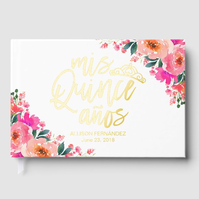 Hot Pink Floral Quinceanera Guest Book (Front)