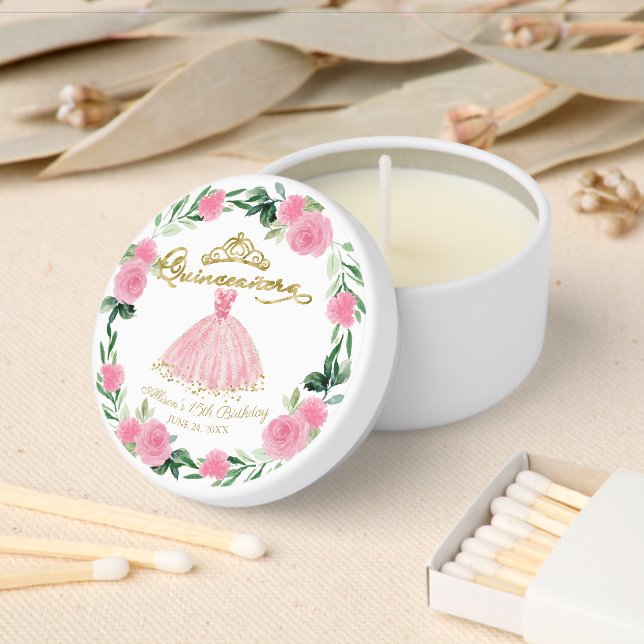 Hot Pink Floral Quinceañera Tiara Mini Candle Favors (Insitu)