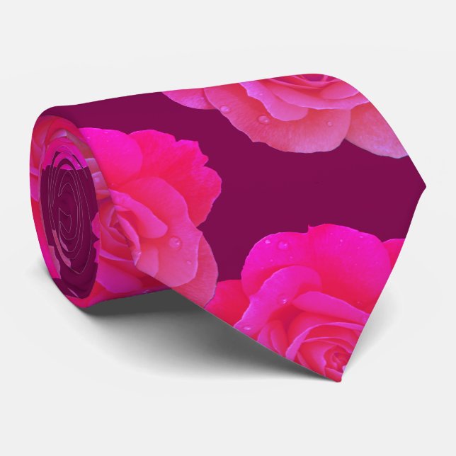 Hot Pink Floral Rose Flowers Wine Red Maroon Gift Neck Tie (Rolled)
