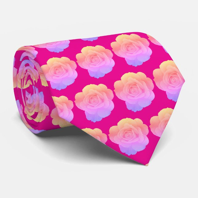 Hot Pink Floral Rose Patterns Abstract Gift Favor Neck Tie (Rolled)