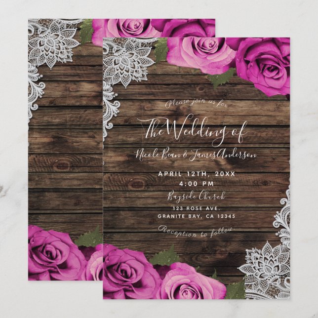 Hot Pink Floral Roses Rustic Wood & Lace Wedding Invitation (Front/Back)