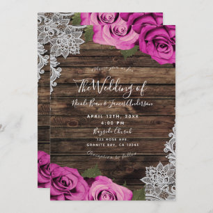 Hot Pink Floral Roses Rustic Wood & Lace Wedding Invitation