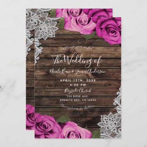 Hot Pink Floral Roses Rustic Wood  Lace Wedding Invitation