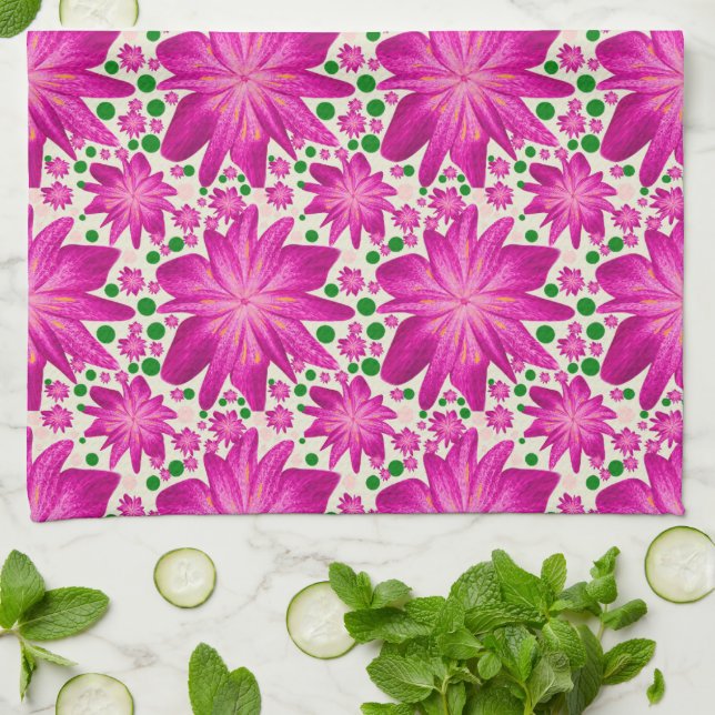 Hot Pink Floral Seamless Pattern  Kitchen Towel (Folded)